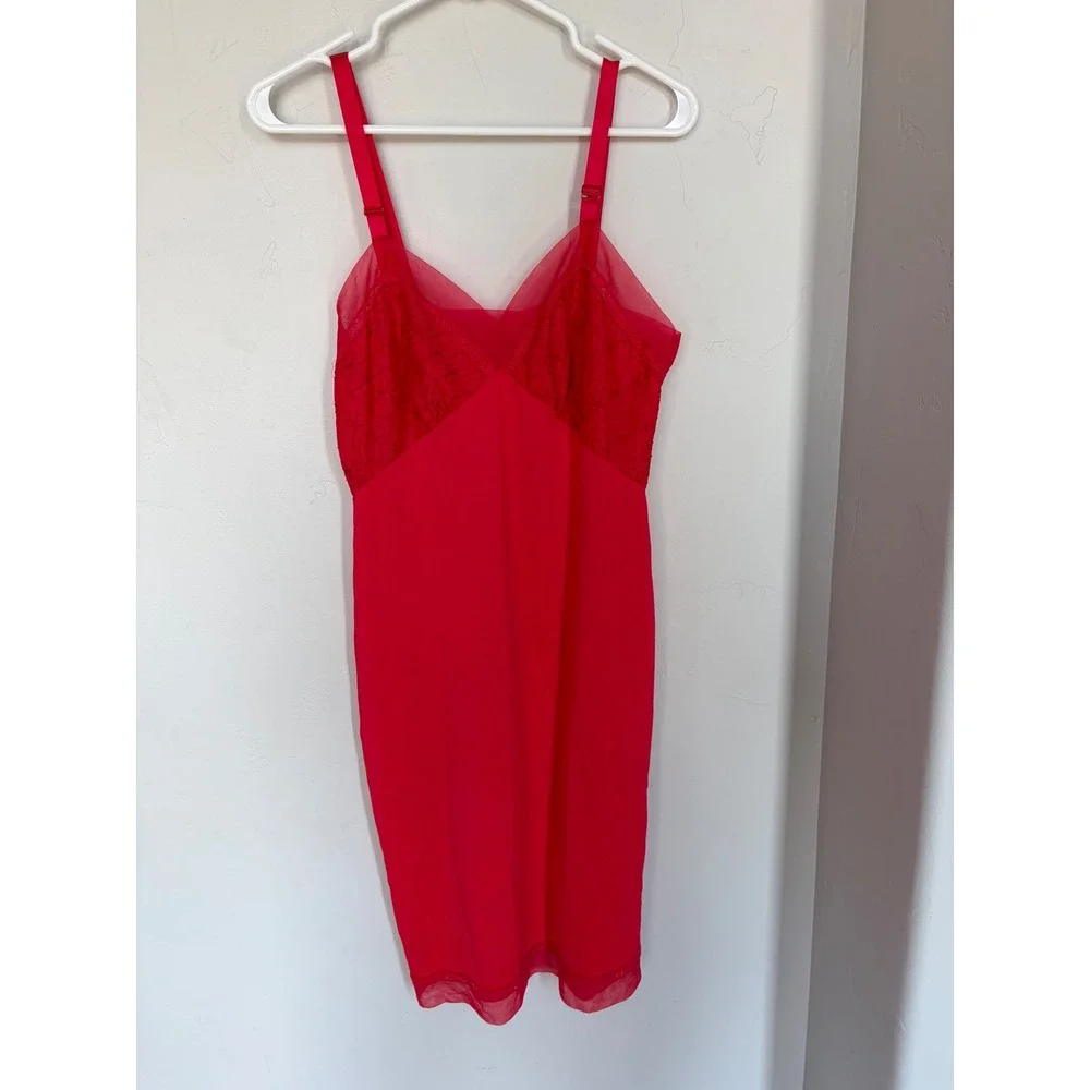 Vintage Rogers Red Nylon Tricot Full Slip Dress Lace Trim Mesh Hem Size 36